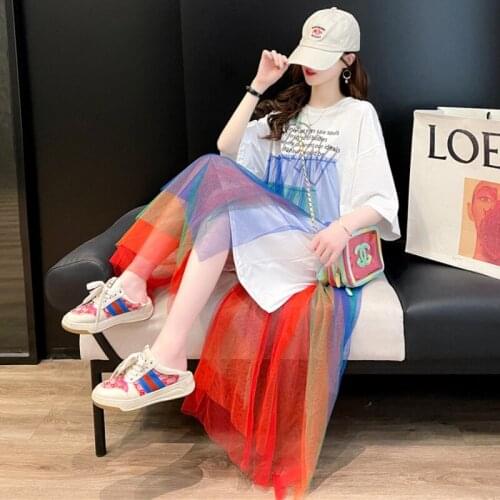 Harajuku Dress Loose Rainbow Color Gauze Tees Dress Female Stitching Mesh Spliced T-shirts Pleated Skirt Short-sleeved Tops 2021