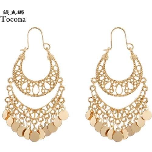 Tocona Luxury Wafer Tassel Drop Earrings for Women Hollow Geometric Punk Alloy Metal Pendant Earrings Jewelry Accessories 9199