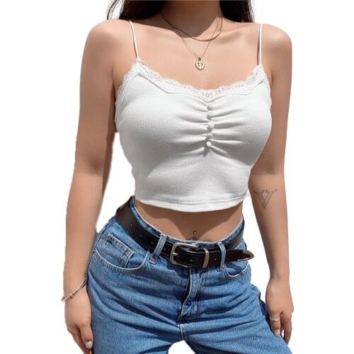 Streetwear Lace Patchwork Summer White Tank Top Women Home Y2K Fashion Leisure Outfit Basic Casual Crop Tops Kawaii Clothes