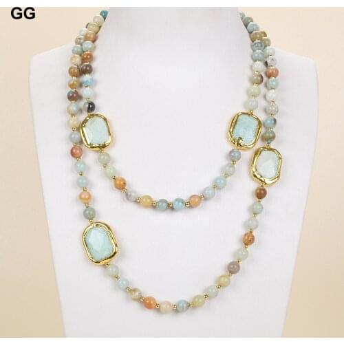 GuaiGuai Jewelry 42'' 8mm Mixed Color Amazonites Gold Color Plated Gems Stone Nugget Necklace
