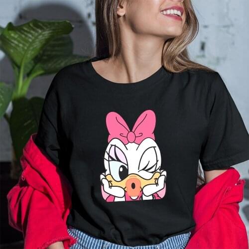 Disney Women T-shirt Kawaii Dropship Summer New Casual Fashion Harajuku Four Seasons Black White T Shirt Female Cute Daisy Print