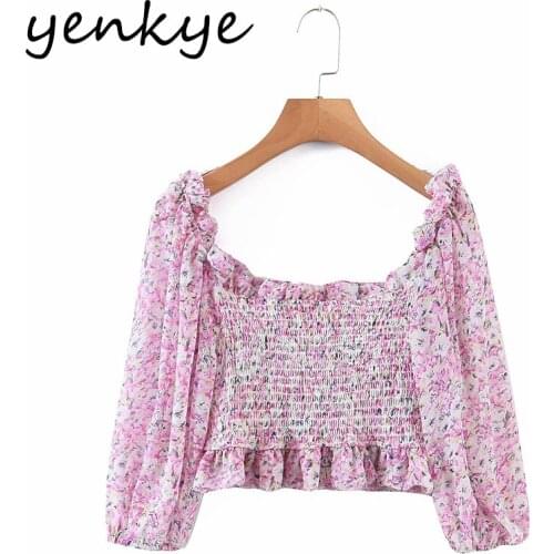 YENKYE Sweet Floral Print Sexy Off Shoulder Top Women Holiday Boho Elastic Crop Top Female Summer Chiffon Tops