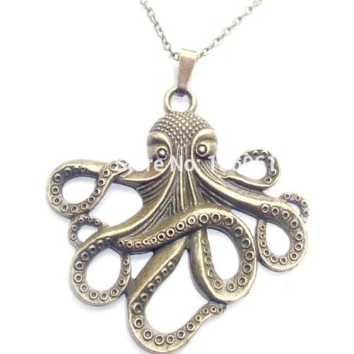 Vintage Silver Bronze Large Octopus Cthulhu Necklace Pendant Women Charms Statement Collar Choker Long Chain Necklace Jewelry