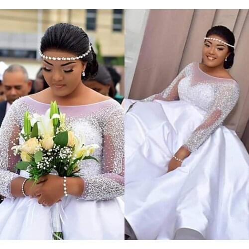 Crystal Major Beading Wedding Dresses Long Sleeve Scoop Neck African Nigerian Bridal A-Line Satin Tail Vestidos De Novia