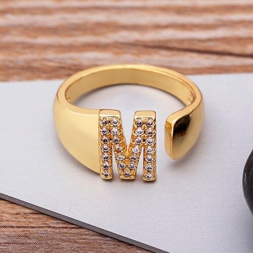 2021 New Fashion A-Z Letter Gold Color Metal Adjustable Opening Ring Initials Name For Women Finger Rings Party Crystal Jewelry