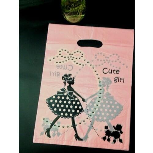 25x35cm (9.8"x13.7") 100pcs Pink Girl Plastic Bags Cosmetic Favor Gift Bags Boutique Large Plastic Shopping Bags With Handle