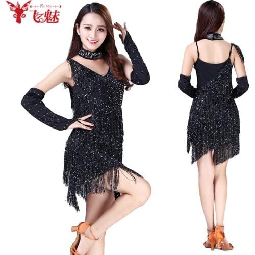 Womens clothing sequins Fringed Latin dance dress/(skirt+gloves*2+Neck chain) 4pcs/suit female performance costumes