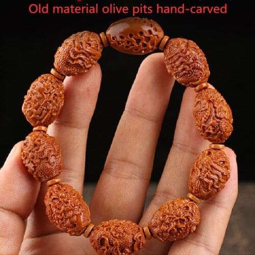 Hand-Carved Olive Core Bracelet Mens Olive Core Carved Kowloon Bracelet Rosary Beads