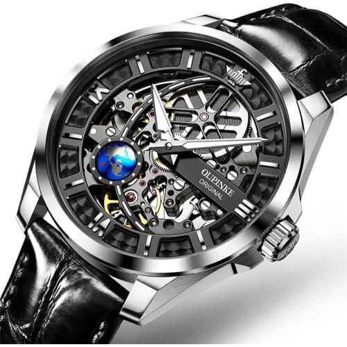 Men Mechanical Watch Top Brand OUPINKE Luxury Waterproof Automatic Watch Men Classic Transparent Sapphire Skeleton Wristwatch
