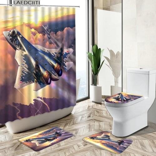 Airplane Shower Curtain Train Rail Transportation Theme Bathroom Decor Non-Slip Carpet Toilet Cover Bath Floor Mat Set Washable