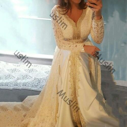 Elegant Moroccan Kaftan Lace Evening Dresses Off White Appliques Long Sleeves Arabic Muslim Prom Dress Karakou algerien Party