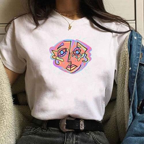 Aesthetic T Shirt Women Facial Art Short Sleeve Crop Top Vintage Clothes Streetwear Women Top Fashion Cartoon T Shirt Women 90s
