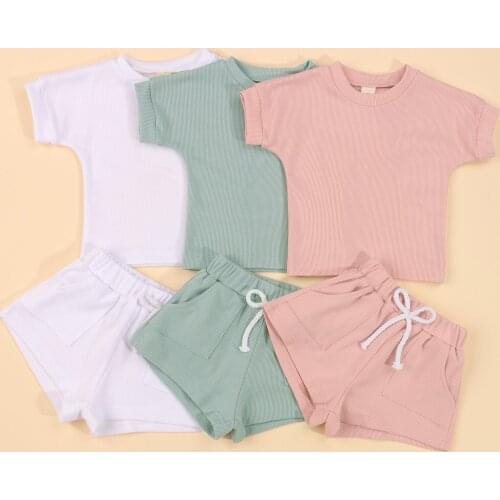 FOCUSNORM 0-3Y Newborn Baby Boys Girls Clothes Sets 2pcs Solid Short Sleeve Pocket T Shirts Tops Shorts 3 Colors