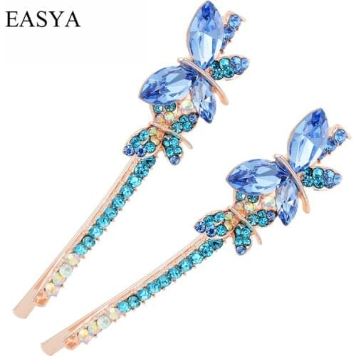 EASYA Hot New Design Double Butterfly Hairpins Jewelry 5 Colors Shiny Rhinestone Crystal Butterfly Barrettes Hair Accessories
