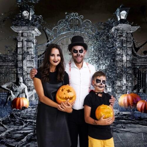 Halloween Background For Photography Dark Grunge Brick Wall Gate Pumpkin Party Child Baby Family Photocall Photographic Backdrop