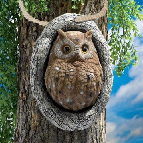 Simulation Tree Hole Owl Statue 3D Hanging Art Resin Crafts Owl Sculpture Ornaments Home Outdoor Garden Art Decoration