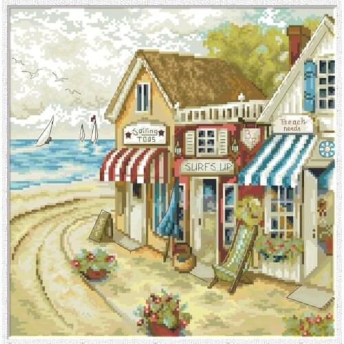 Shop by the Sea Stamped Cross Stitch Patterns Embroidery Needlework Kits Printed Fabric 11CT 14CT DIY Craft Home Decor Paintings