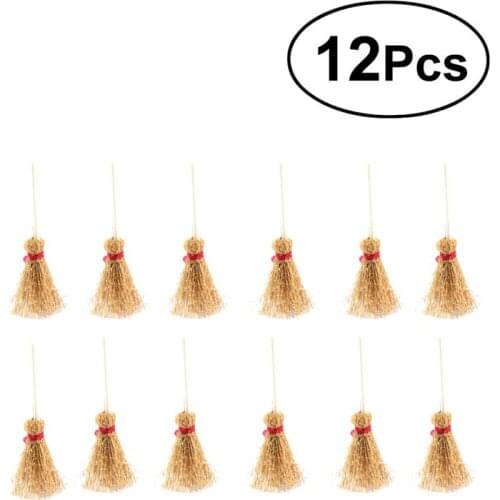 12pcs Mini Broom Decorations Exquisite Creative Portable with Red Rope Hanging Broom Toy Prop to Haunted House Halloween Kids