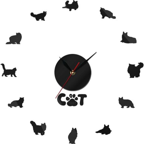 Norwegian Forest Cat Diy 3d Acrylic Wall Clock Long-Haired Cat Wall Stickers For Childern Living Room Cat Collection