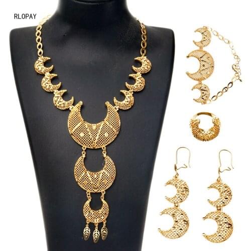 Top Quality Dubai Saudi Bridal Wedding Jewlery Set Royal Moon Necklace Sets Solid Gold Plating Hollow Flower Wedding Jewelry