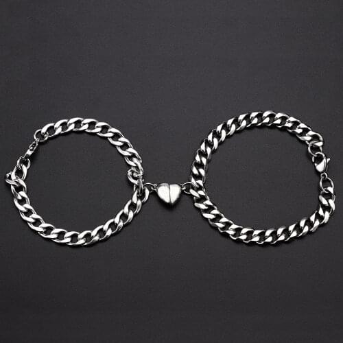 2Pcs/pair Stainless Steel Couple Bracelets Magnetism Heart Charm Fashion Cuba NK Chain Bracelets Jewelry Gift For Women Men