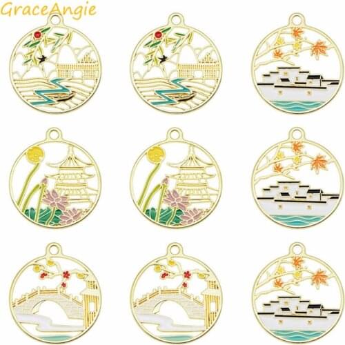 4pcs/pack Enamel Charms Chinese architecture Scenery Charm Fashion dangle earrings accessories Flower Necklace brooches DIY NEW