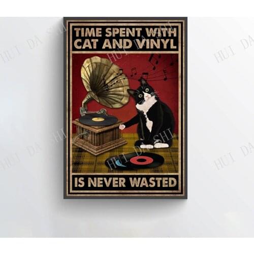 Cat Poster - Time Spent With Cat and Vinyl Is Never Wasted, Tuxedo Cat Art Prints, Funny Cat Wall Art, Classical Music Canvas