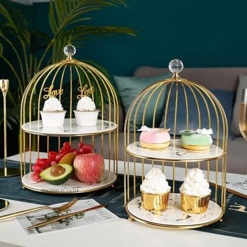 Golden Marble Tableware Dessert Plate Ceramic Double Cake Tray Cosmetic Desktop Storage Tray Afternoon Tea Dessert Display Rack