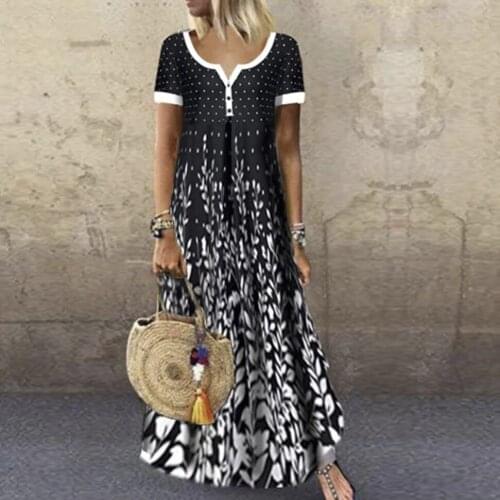 Plus Size Polka Dot Floral Print V-Neck Long Dress Women Casual Loose Short Sleeve Button Robe Maxi Vestidos Summer High Waist