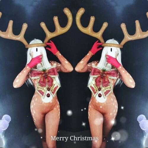Merry Christmas Antlers Bodysuit Newest Sexy Reindeer Costume nightclub bar stage show dance wear women gift clothing