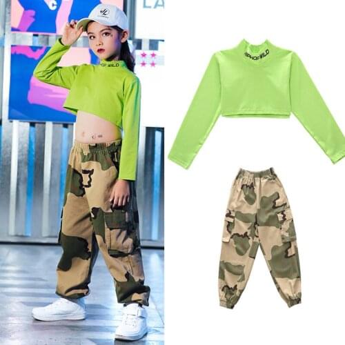 Girls Hip-Hop Dance Costumes Kids Performance Clothing Navel Shirt Camouflage Pants Jazz Dance Costumes Festival Outfit SL2117