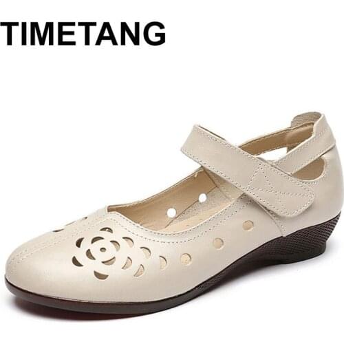 TIMETANG genuine leather ladies flat summer shoes woman without lace casual moccasins hollow out round toe soft comfort women