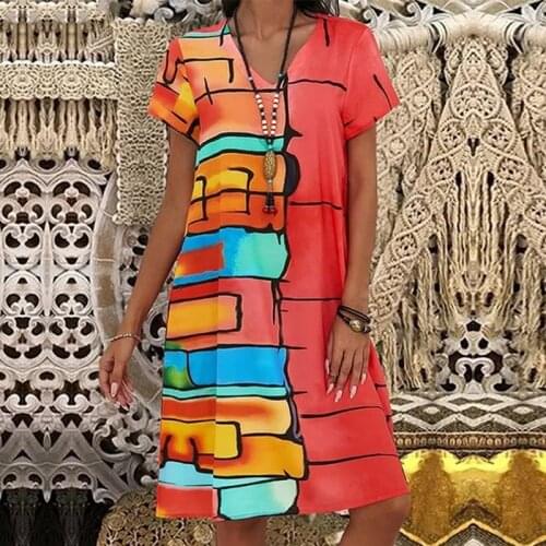 Retro Print Dresses Women 2021 Summer V-Neck Beach Mini Dress Plus Size Short Sleeve Casual Party Dress Loose Vestidos 5XL