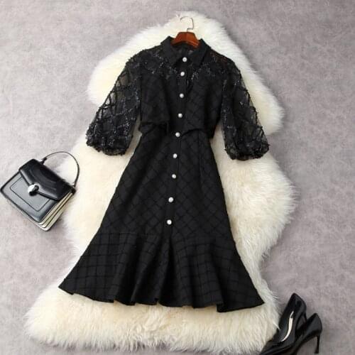 Spring 2021 New Seven - Cent Lantern Sleeve Sequins Fashionable Black Fishtail Dress European and American Womens Clothing