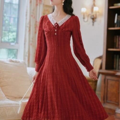 Mori Girl Style Vintage Clothes Lace Stitching V-neck Long Sleeve Womens Retro Slim Waist Red Formal Midi Dress Vestidos Mujer
