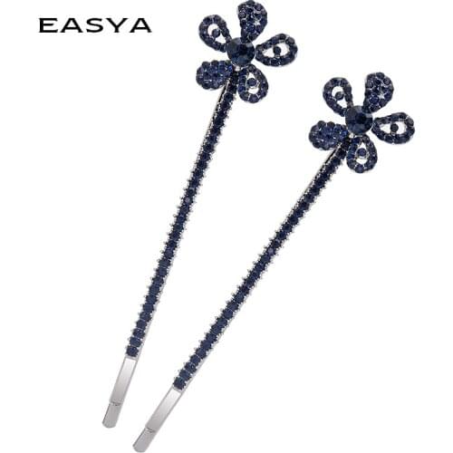 EASYA Elegant Rhinestone Headwear Jewelry Women Girls Blue Crystal Flower Hairgrips Hairpins Hair Accessories