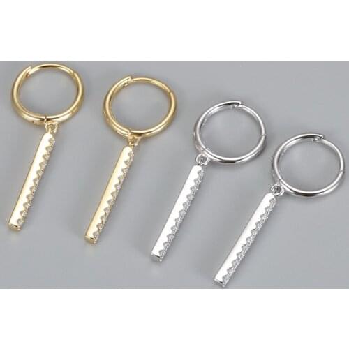 925 Sterling Silver Long Strip Hoop Earrings Female Simple Micro CZ Geometric French Golden Earrings Wholesale