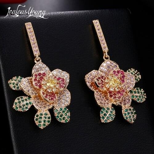 2018 Vintage Rose Flower Shape Drop Earrings Women Gold Cold AAA Cubic Zirconia Statement Earings Indian Jewelry brincos kupe