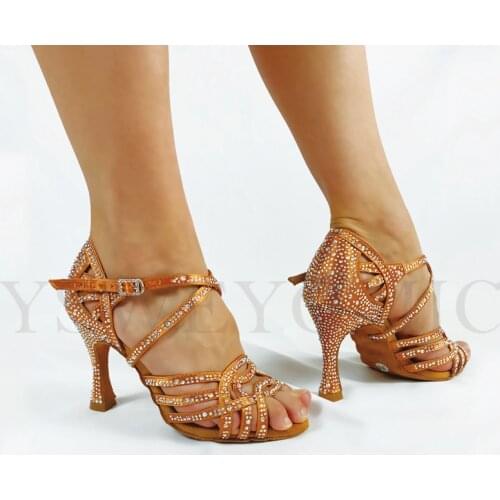 2021 Spring New Style Latin Bachata Salsa Dance Shoes Women Suede Outsole Tan Satin Rhinestones Latin Dance Shoes in 3inch Heel