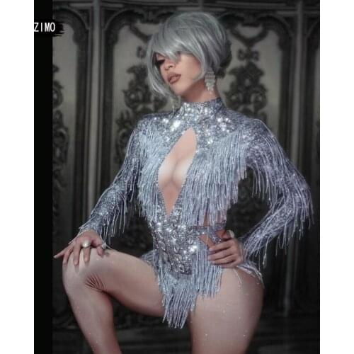 Sparkly Rhinestone Fringe See through Jumpsuit Dance Costume Big Crystals Bodysuit Tassel club Party Stage Wear Show Sexy Outfit