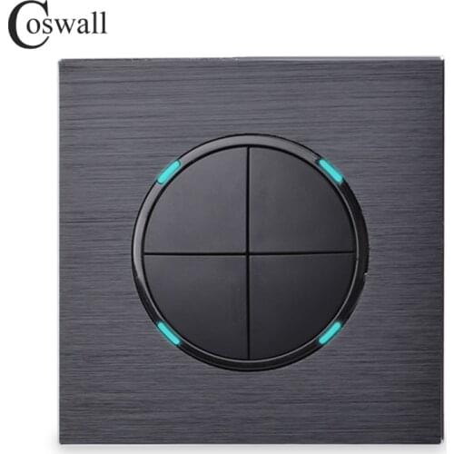 Coswall 4 Gang 1 Way Random Click On / Off Wall Light Switch With LED Indicator Black / Silver Grey Brushed Aluminum Metal Panel
