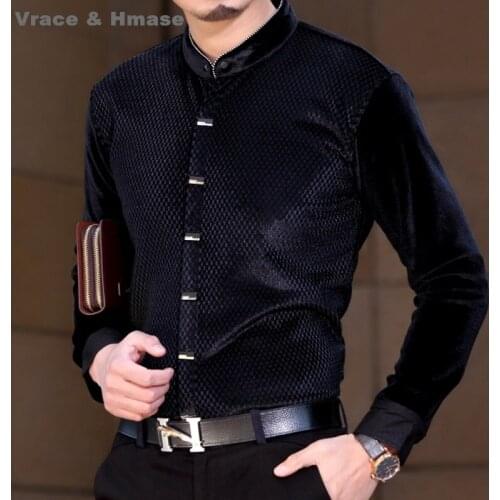 Business casual gold velvet high-end boutique long-sleeved shirt 2018 Autumn&Winter stand-collar solid color quality men shirt