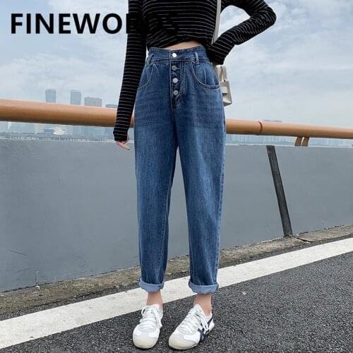 FINEWORDS 4 Button High Waist Boyfriend Harem Jeans Women Korean Casual Streetwear Mom Jeans New Loose Denim Blue Ladies Jeans