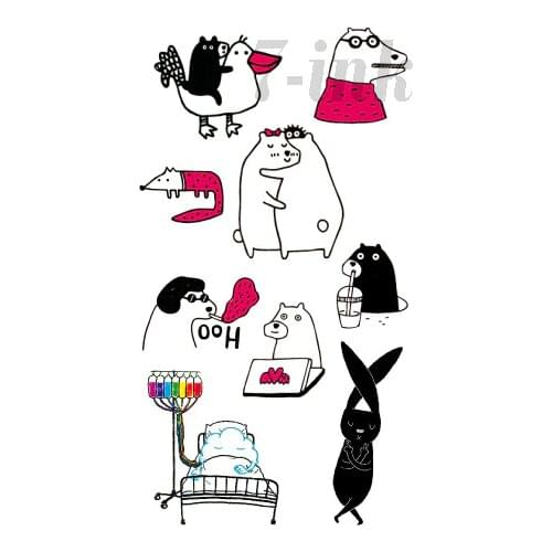 Water Transfer fake tattoo Cartoon cute line rabbit duck dog bear tattoo body art Waterproof Temporary tattoo for adults kids