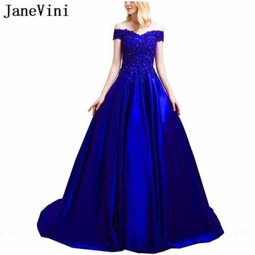 JaneVini Elegant Ball Gown Royal Blue Quinceanera Dresses Long V Neck Appliques Beaded Satin Quinceanera Dresses 16 Years Party