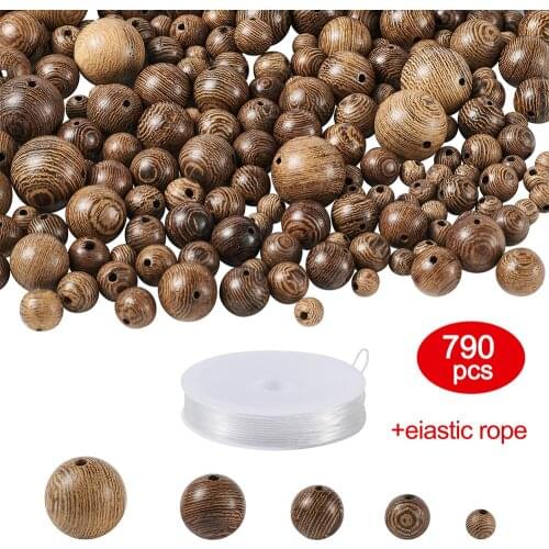 Round Camel Color Wood Beads with Elastic Crystal Thread for Jewelry Making DIY Necklace Bracelet Accessories Hole: 1~2mm