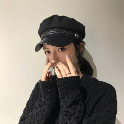 Ulzzang Fashion black Hat Winter Cap Wool Hat New Womens Button Cap Casual Street wear rope flat Cap Elegant Cool Harajuku Caps