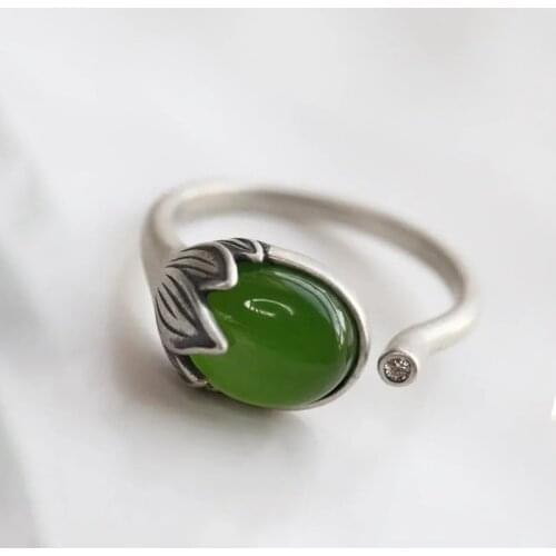 Natural Hetian jasper plant open ring Chinese style retro Thai silver bohemian elegant romantic charm womens brand jewelry