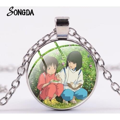 No face Man Necklace Japanese Anime Miyazaki Spirited Away Theme Round Glass Necklace Cartoon Girl Pendants Jewelry Kids