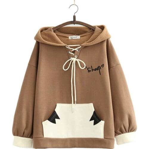 Harajuku Cartoon And Letter Embroidery Casual Cute Hoodies Sweatshirt Women 2020 Winter Sweet Style Female Cute Pullover Tops